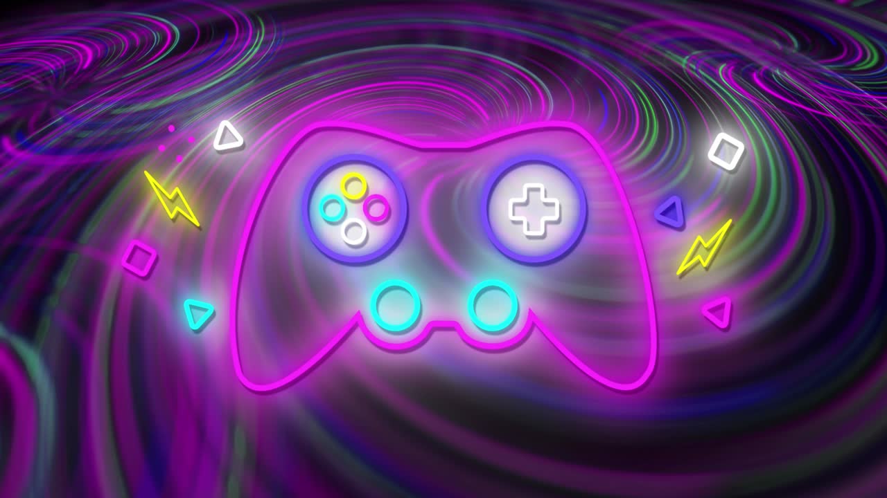 활기찬 네온 배경에서  ⁇ 박이는 네온 게임 제어 패드의 애니메이션