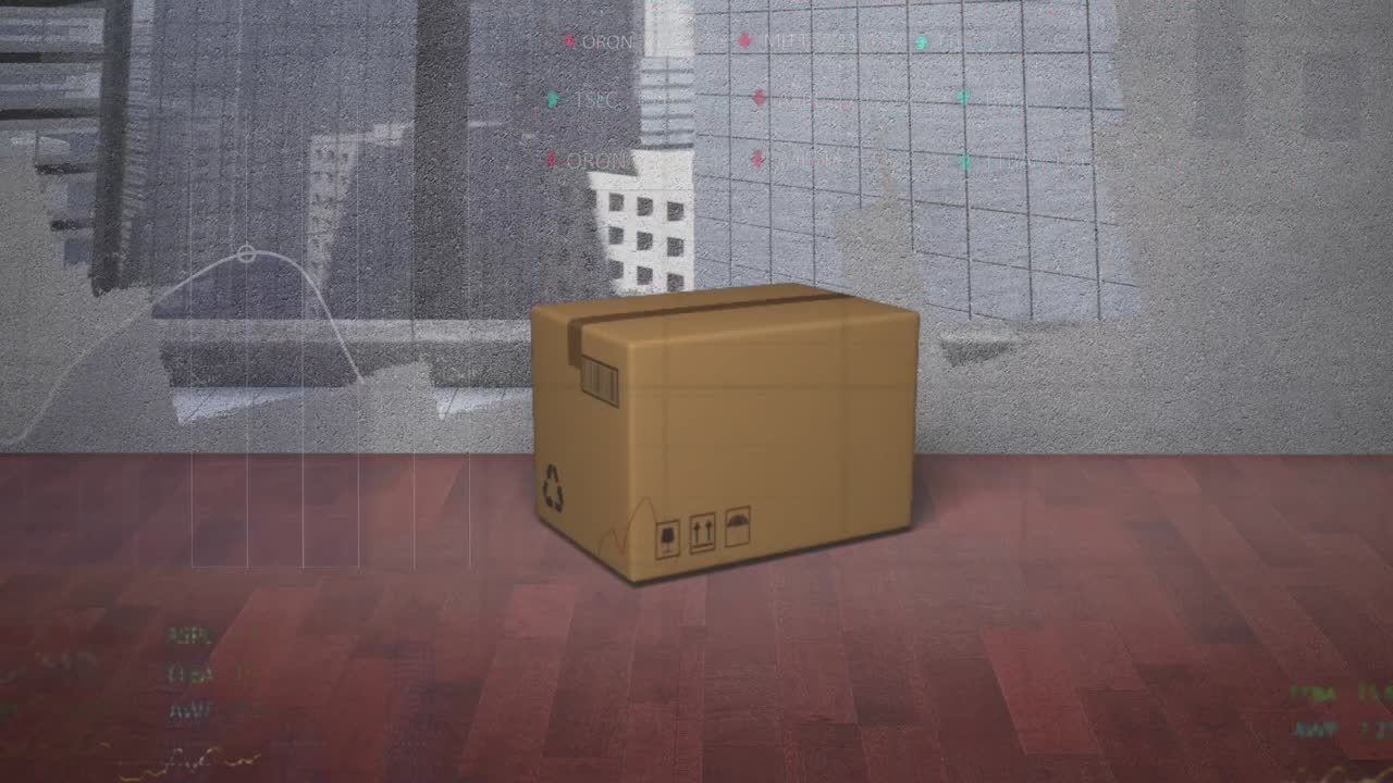 상자와 도시 풍경 위의 금융 데이터 처리 애니메이션