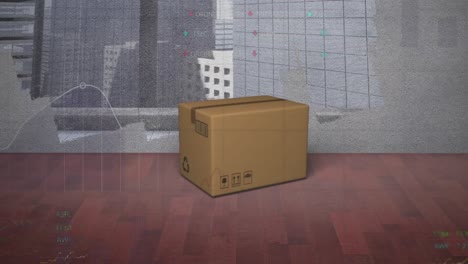 animación del procesamiento de datos financieros sobre caja y paisaje urbano
