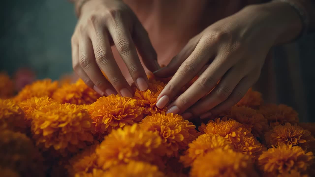 Mani femminili che separano fiori di calendula su un tavolo, rilasciando petali arancioni brillanti