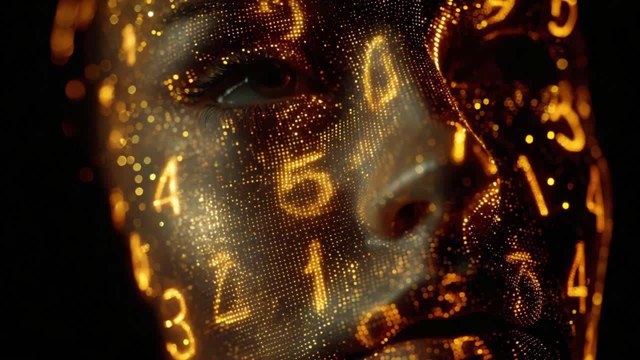 Exploration of Digital Identity: A Close-Up View of a Faceless Entity Illuminated by Mesmerizing Numeric Patterns and Luxurious Golden Light, Embodying the Intersection of Technology and Humanity