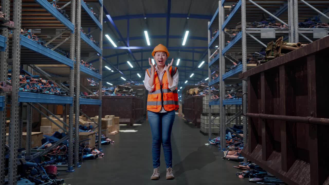 Figura intera di ingegnera asiatica con casco di sicurezza che sorride alla telecamera e dice "Wow" mentre è in piedi, in un magazzino industriale di rottami metallici e riciclo.