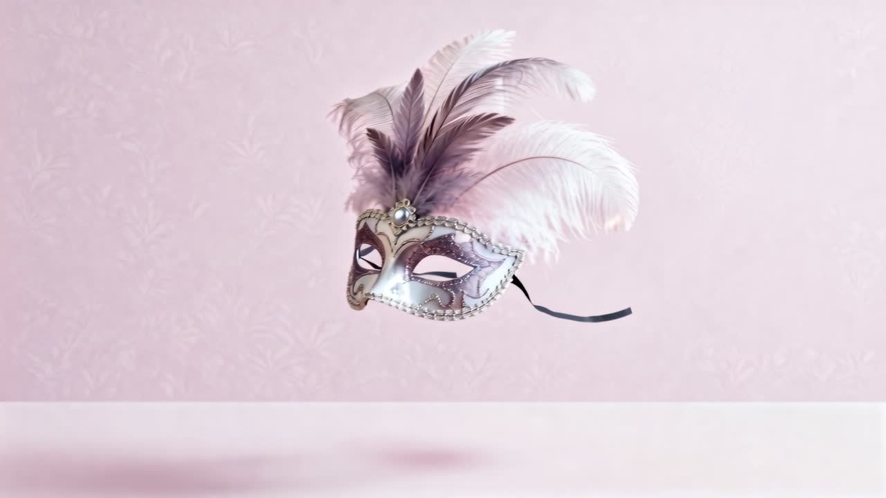 Maschera veneziana che si sposta a sinistra, abbassandosi verso una sporgenza rosa mossa dalla brezza, con piume e nastro nero.