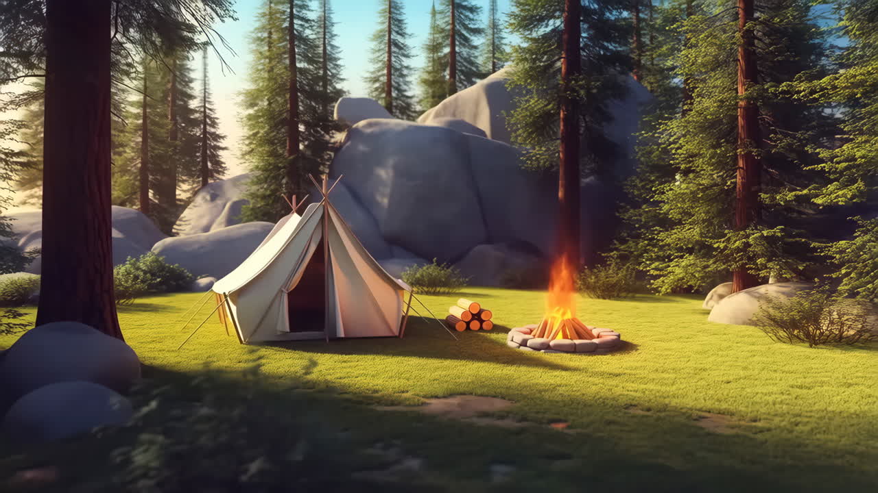A serene camping scene in a forest clearing with a tent and a crackling campfire