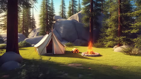a serene camping scene in a forest clearing with a tent and a crackling campfire