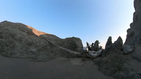 Grandes-Troncos-De-Madera-A-La-Deriva-En-La-Playa-De-Bandon-Entre-Rocas