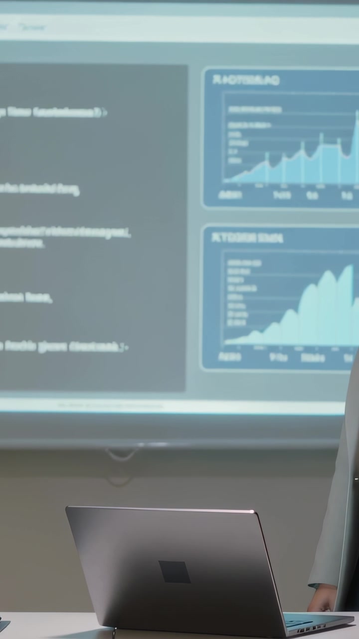 Vertikal video: En blazer-kledd foredragsholder forklarer og gestikulerer mot projiserte diagrammer på et møte, med plass til tekst.