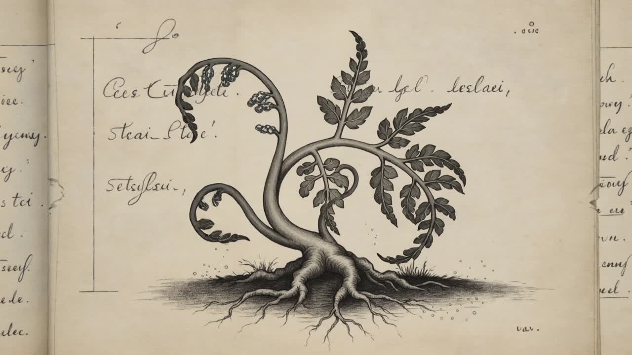 Disegno di pianta che si svela su pergamena, fotogrammi che avanzano animando gli steli mostrando la crescita per la botanica