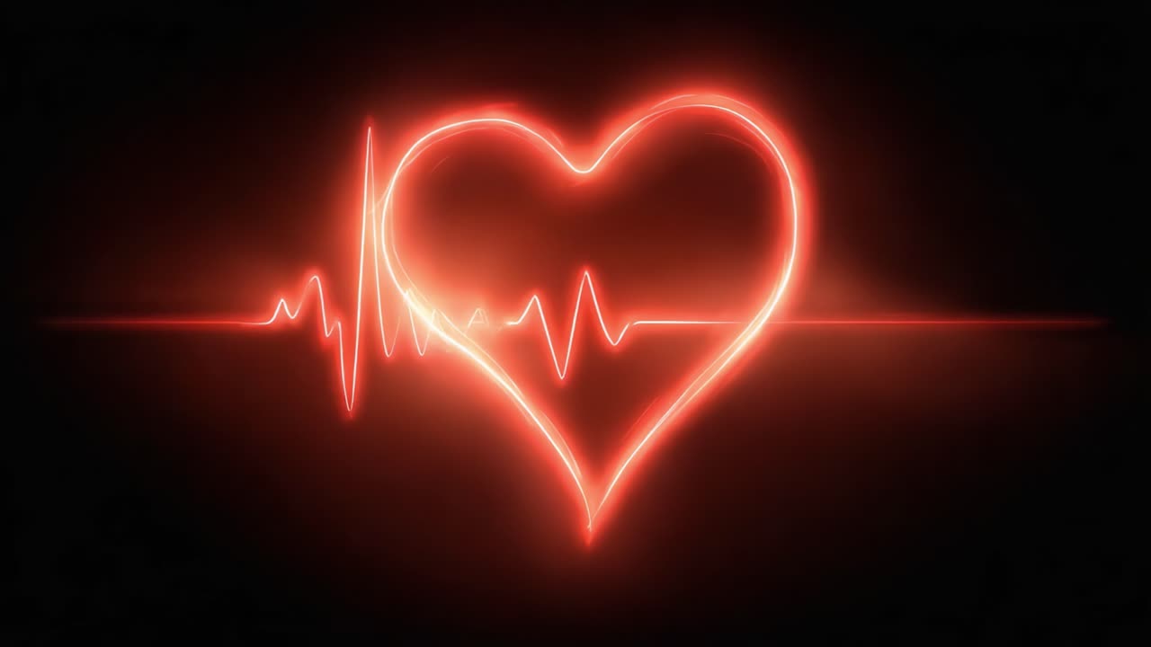 A Vibrant Heartbeat: Exploring the Connection Between Love and Life Through the Pulsating Visuals of a Heart and ECG Line on a Black Background