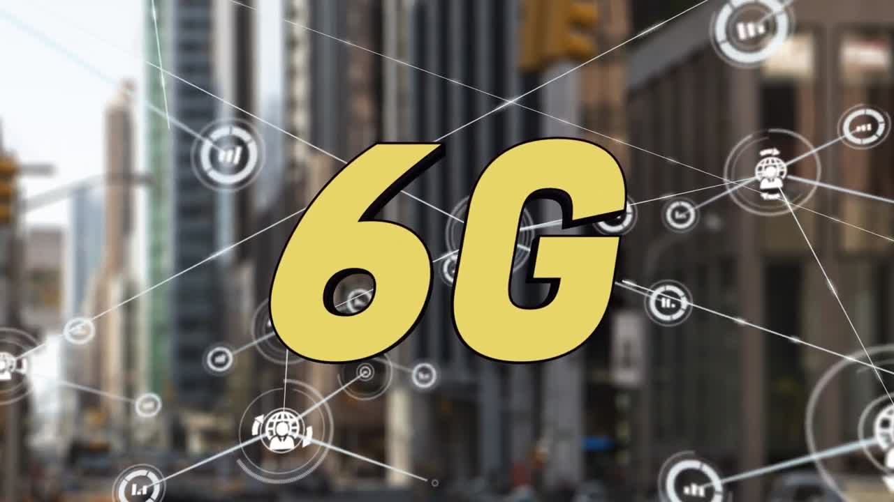 6g 텍스트, 도시 풍경 및 연결의 애니메이션