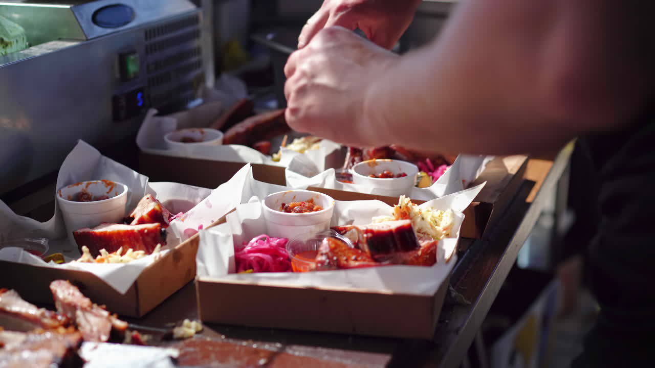 Dishes with meal. Meat and toppings. BBQ