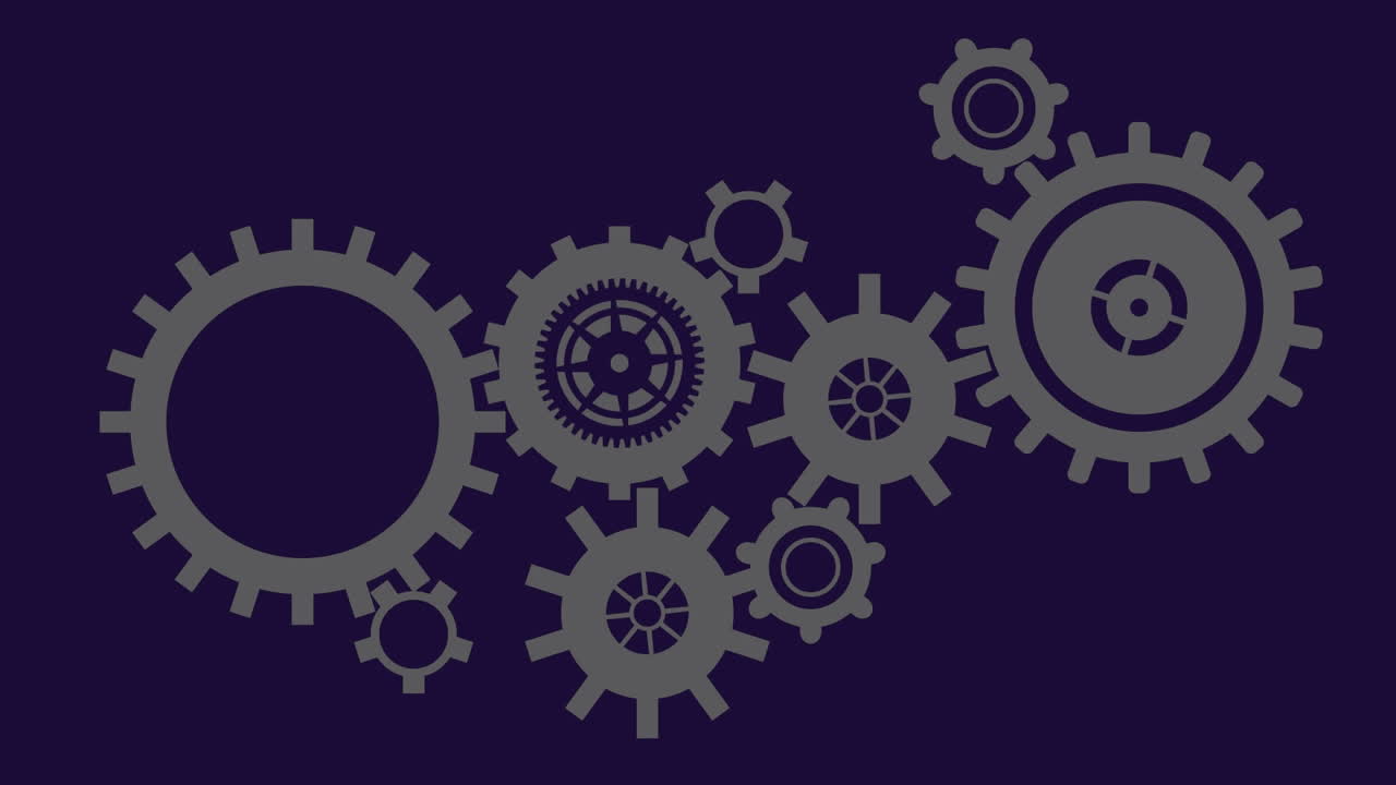 파란색 배경에서 회전하는 여러 설정 아이콘의 애니메이션