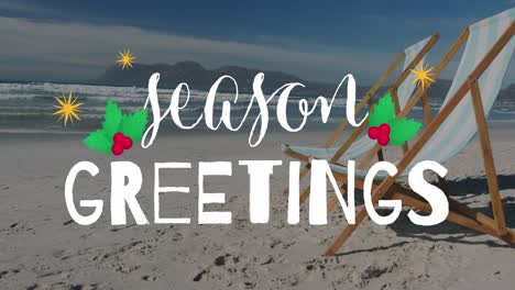 Animation-of-christmas-greetings-text-over-deckchairs-on-beach