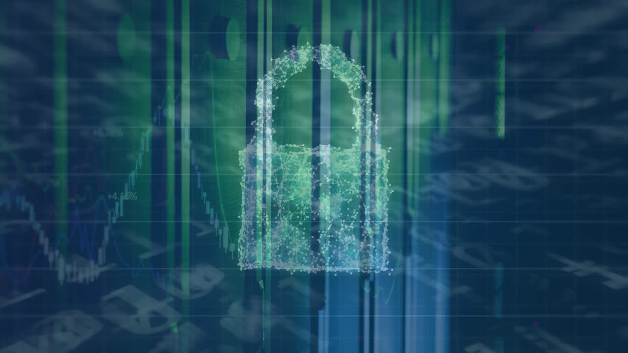 Animation of padlock and data processing over computer servers