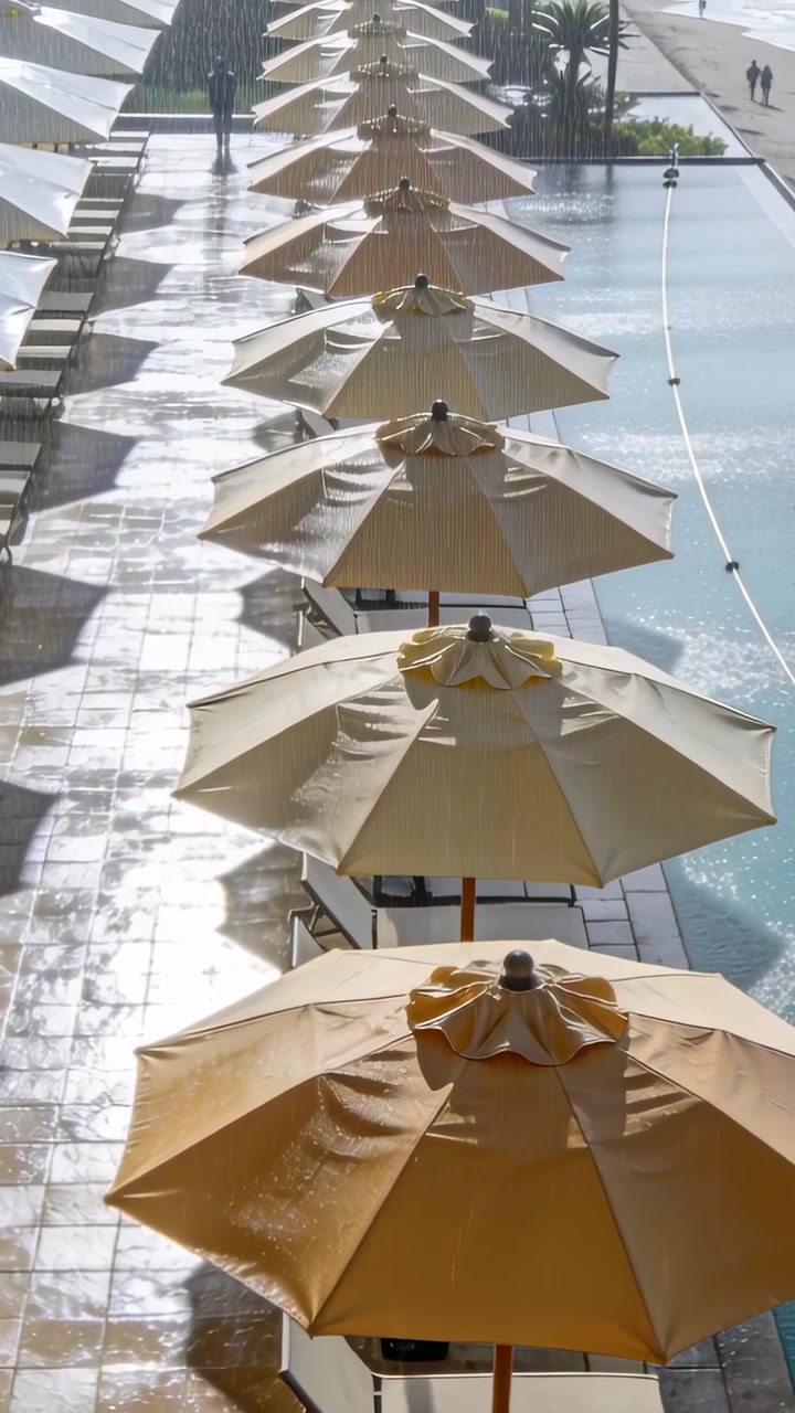 Video verticale: Inquadratura di ombrelloni gialli a bordo piscina, luce solare che si sposta, passanti che passeggiano tranquillamente.
