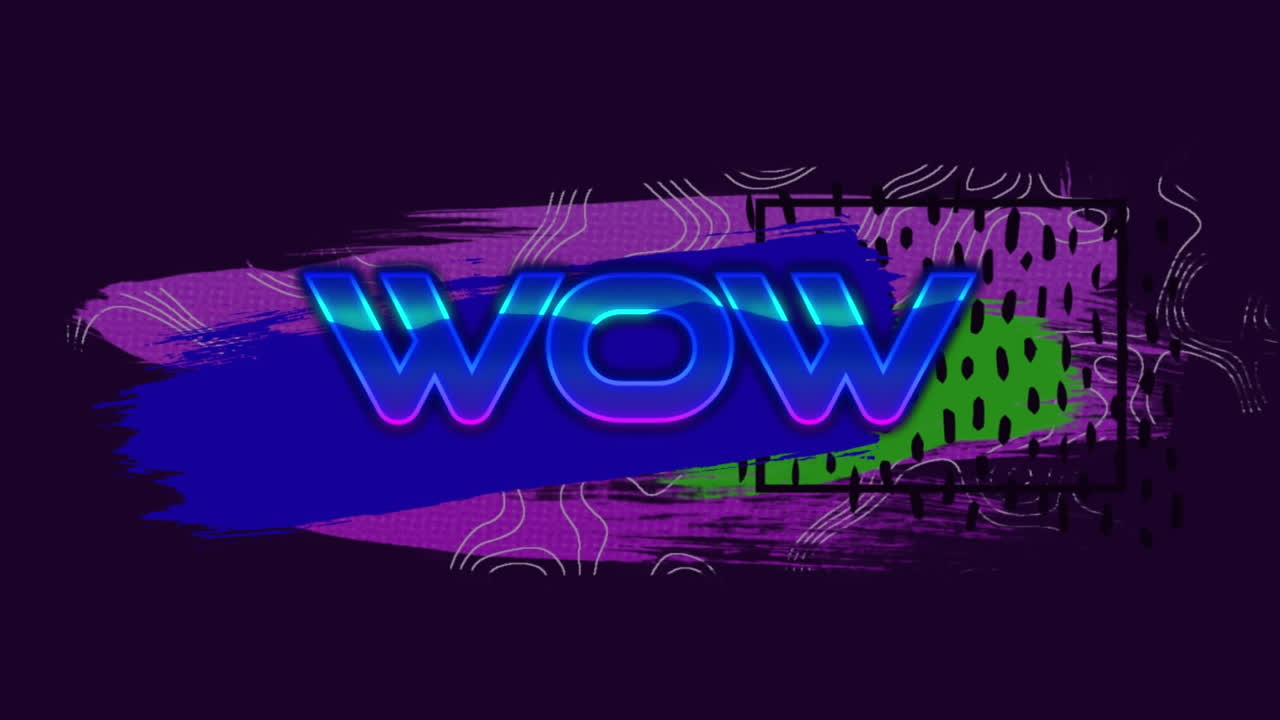 Animation des Textes „Wow“ über sich bewegenden farbenfrohen Grafiken auf dunklem Hintergrund.