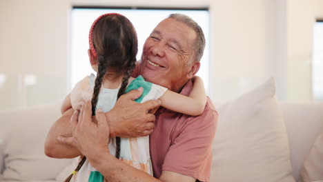 home, hug and grandfather with girl