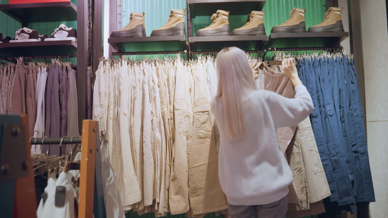 Lone shopper browsing rack of jeans in clothing store, pulling one pair by hanger clip while boots displayed on shelf above and blurred racks fill background under soft warm lights