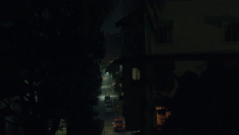 an eerie and suspenseful shot of an indian street at night, where darkness shrouds the surroundings, and faint, streetlights struggle to pierce the ominous atmosphere