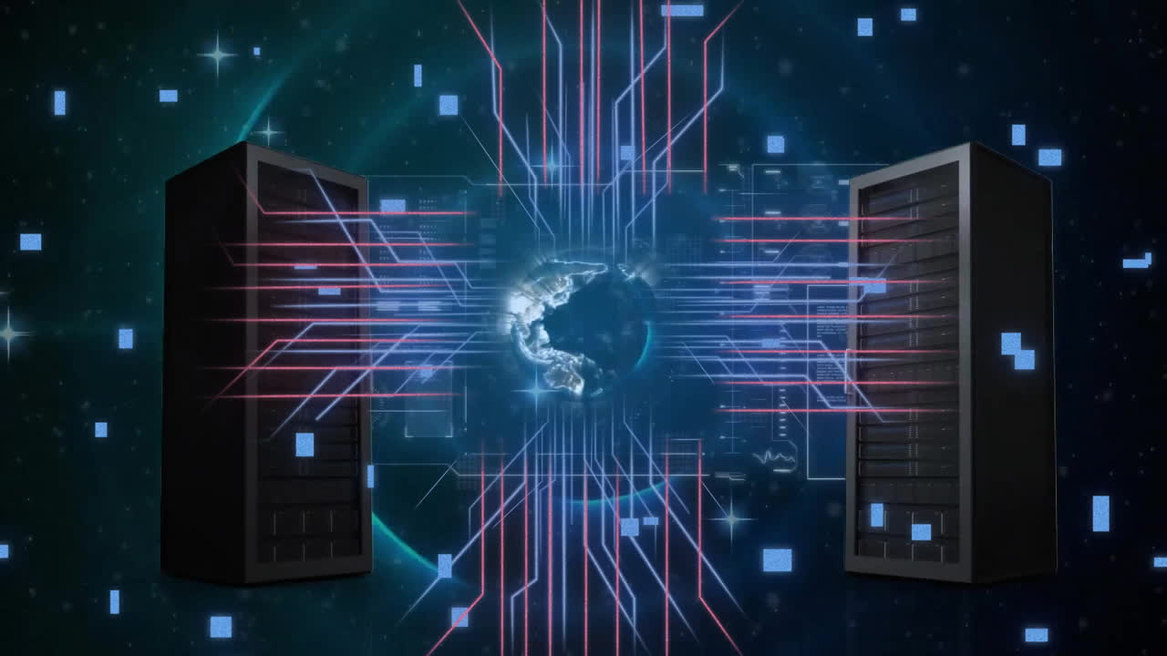 Animation of globe with data processing over computer servers
