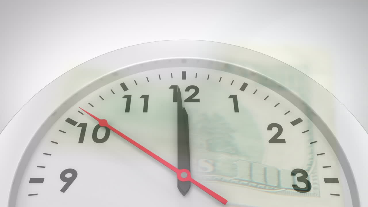 animación de un reloj sobre un billete de dólar sobre un fondo blanco
