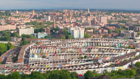 High-angle-aerial-view-of-colourful-houses-in-Totterdown-suburb,-Bristol,-UK