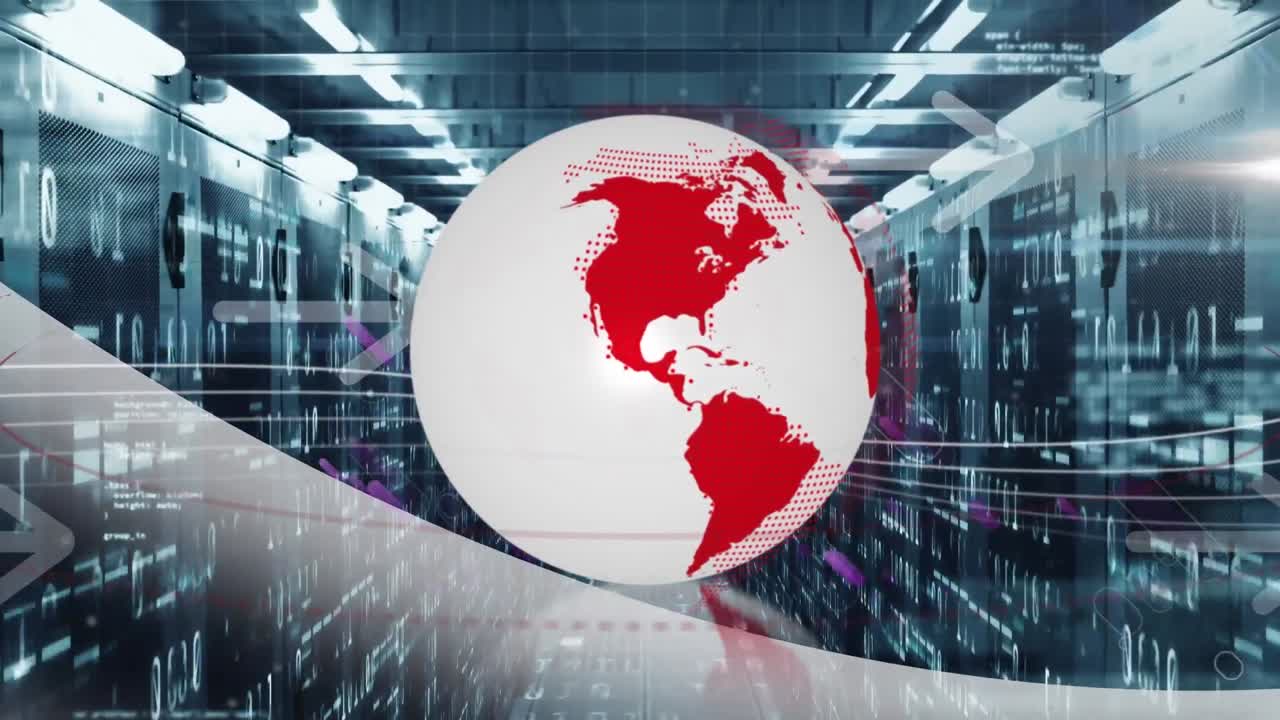 animación del globo, flechas, rastros de luz púrpura y procesamiento de datos a través de servidores informáticos