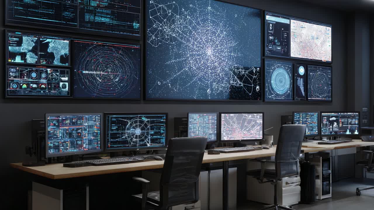 Sala di controllo avanzata che mostra complesse visualizzazioni di dati su schermi multipli, con analisi dettagliate e interfacce di monitoraggio in tempo reale.
