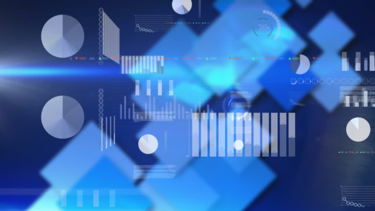 파란색 배경에 대한 금융 데이터 처리 및 통계의 애니메이션