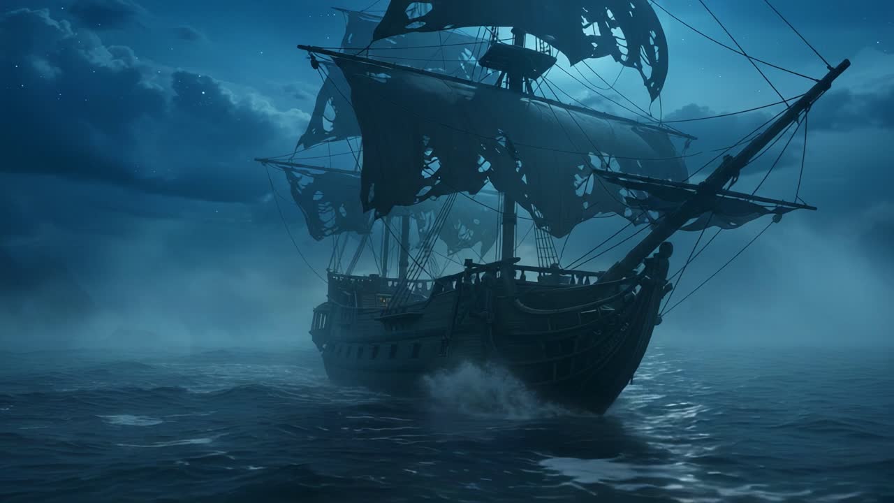 A Mysterious Ship Glides Through the Foggy Waters at Night, Illuminated by Moonlight with Tattered Sails and an Enigmatic Atmosphere Perfect for Adventures and Legends
