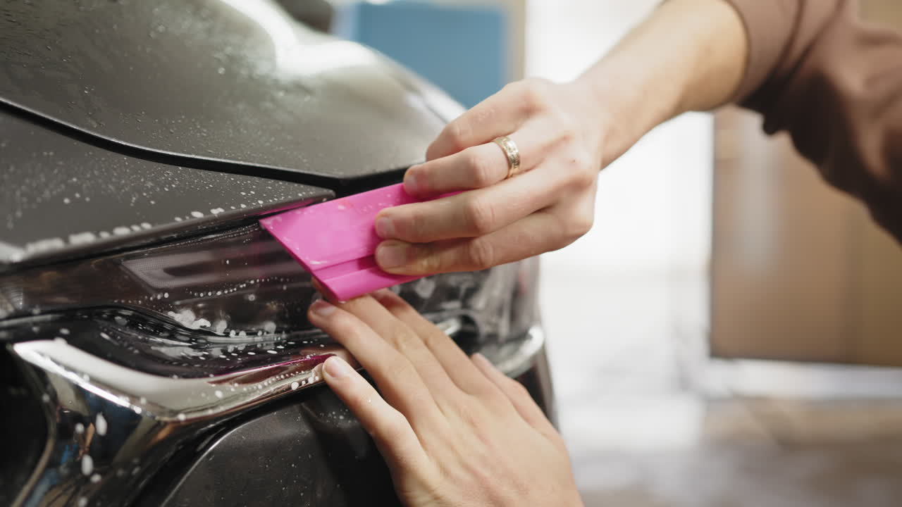 aplicación de una película de protección de pintura a los faros de los automóviles