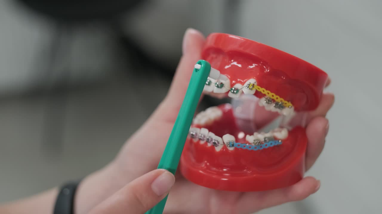 Teeth with brace cleaning explanation, brush your teeth with a toothbrush the right way. Dentist and dental hygienist explains how to clean your teeth.