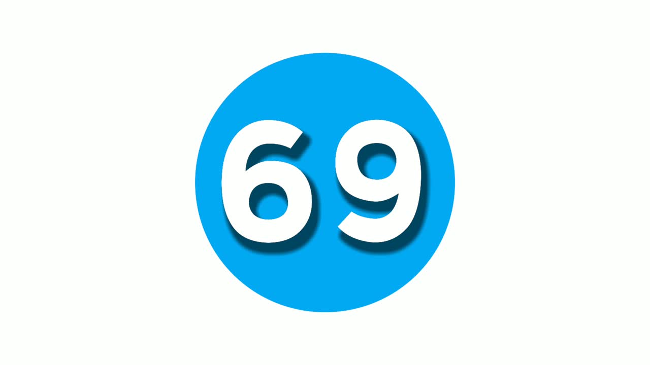 number 69 sixty nine sign symbol animation motion graphics on white circle  blue background,4k cartoon video number for video elements