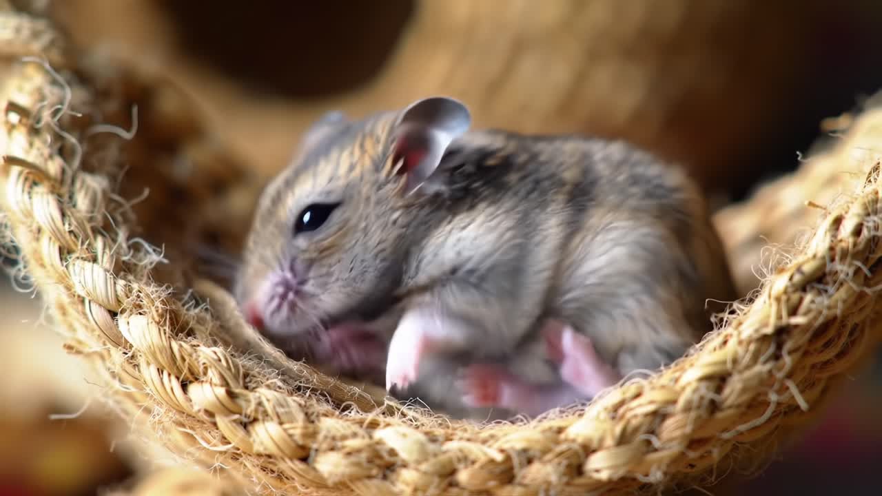 Momenti accattivanti di un criceto comodamente accoccolato in un cestino di vimini accogliente, che mette in mostra le sue adorabili caratteristiche e il suo comportamento giocoso