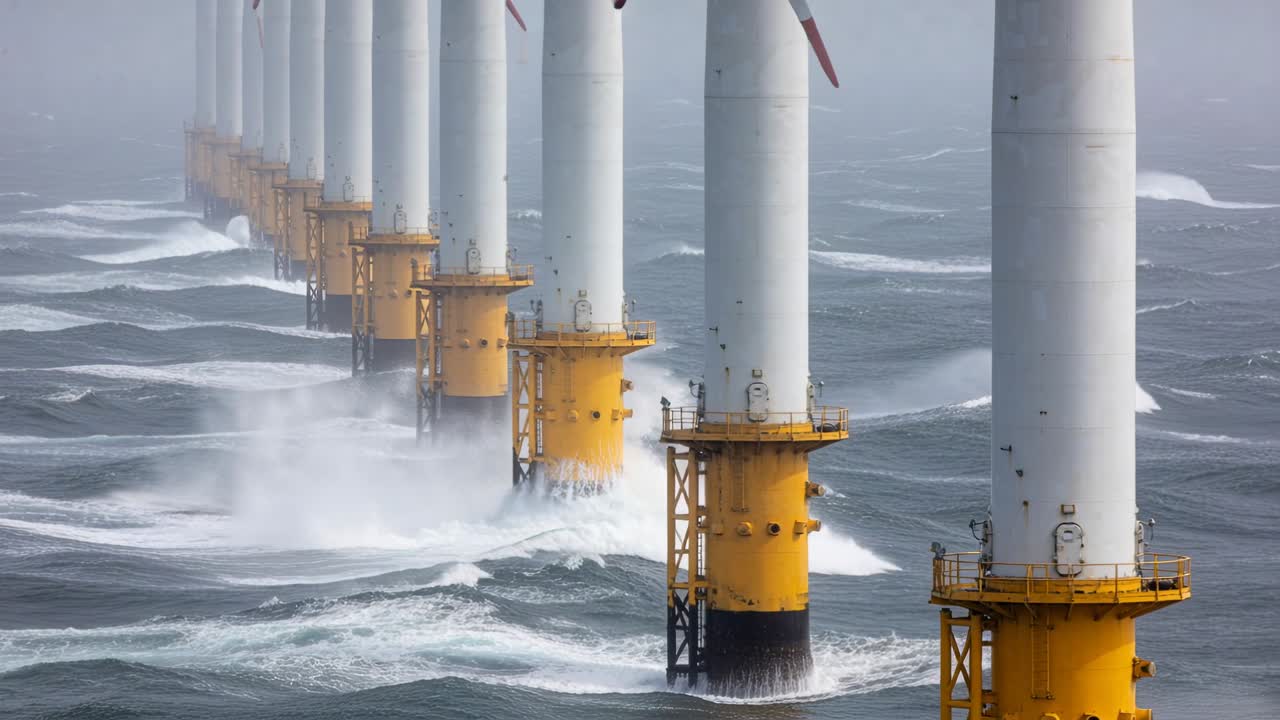 Showing diagonal row wind turbine towers withstanding breaking waves on open sea, with yellow bases