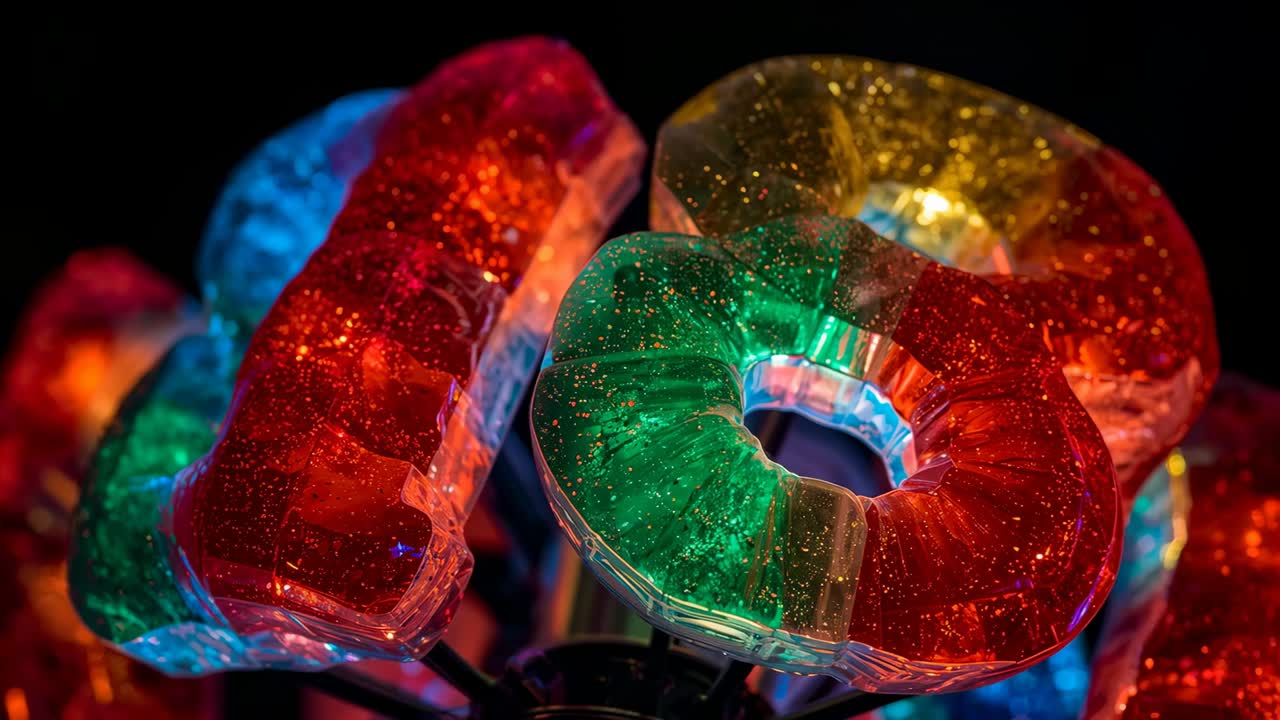 Showing translucent rings shimmering with internal LEDs pulsing in dark studio to reveal glitter