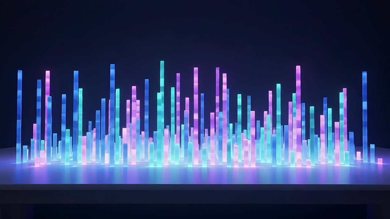 Receiving control signal, LED light column array rising and changing color on studio tabletop