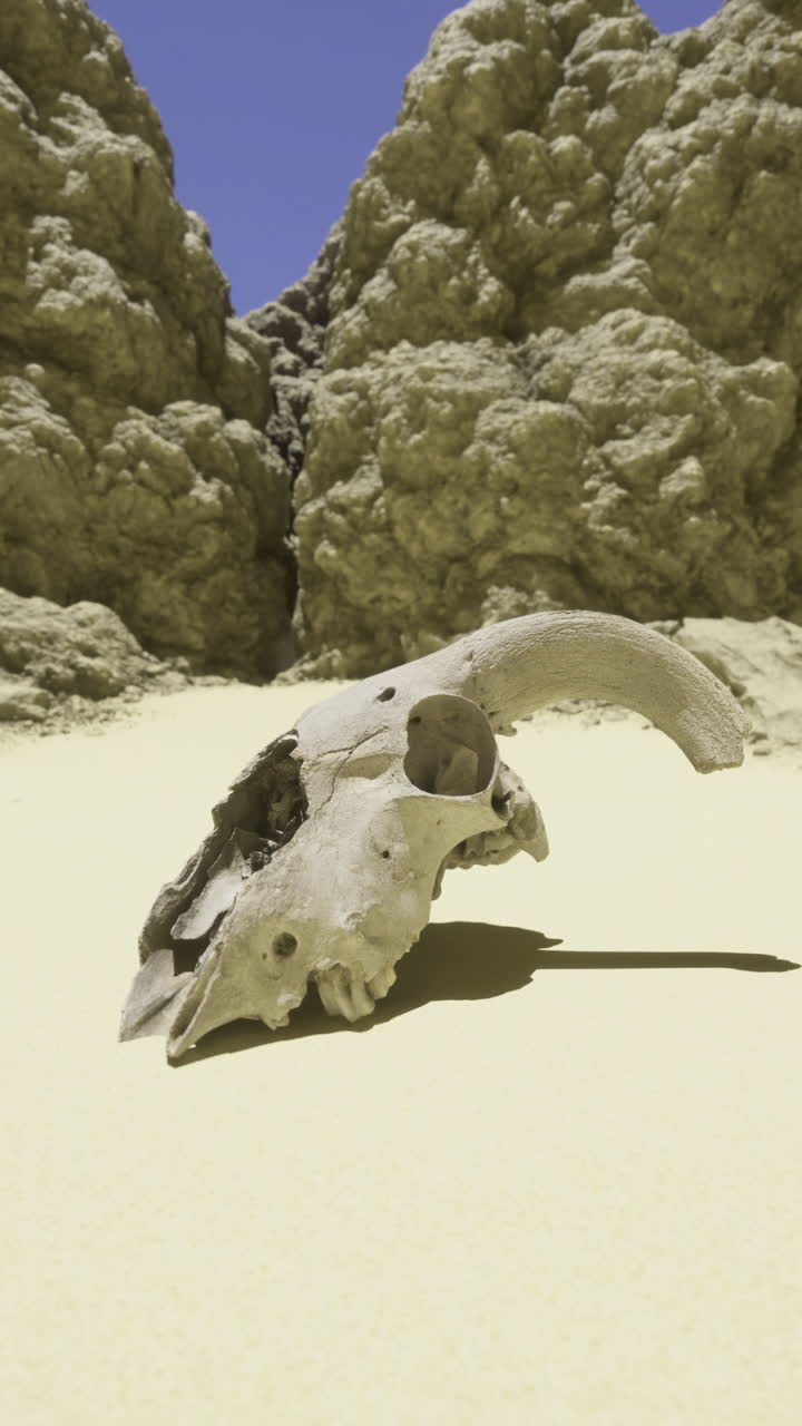 Unique desert landscape with an animal skull resting on the sand