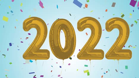 animación de números de globos dorados de 2022 y confeti sobre fondo azul
