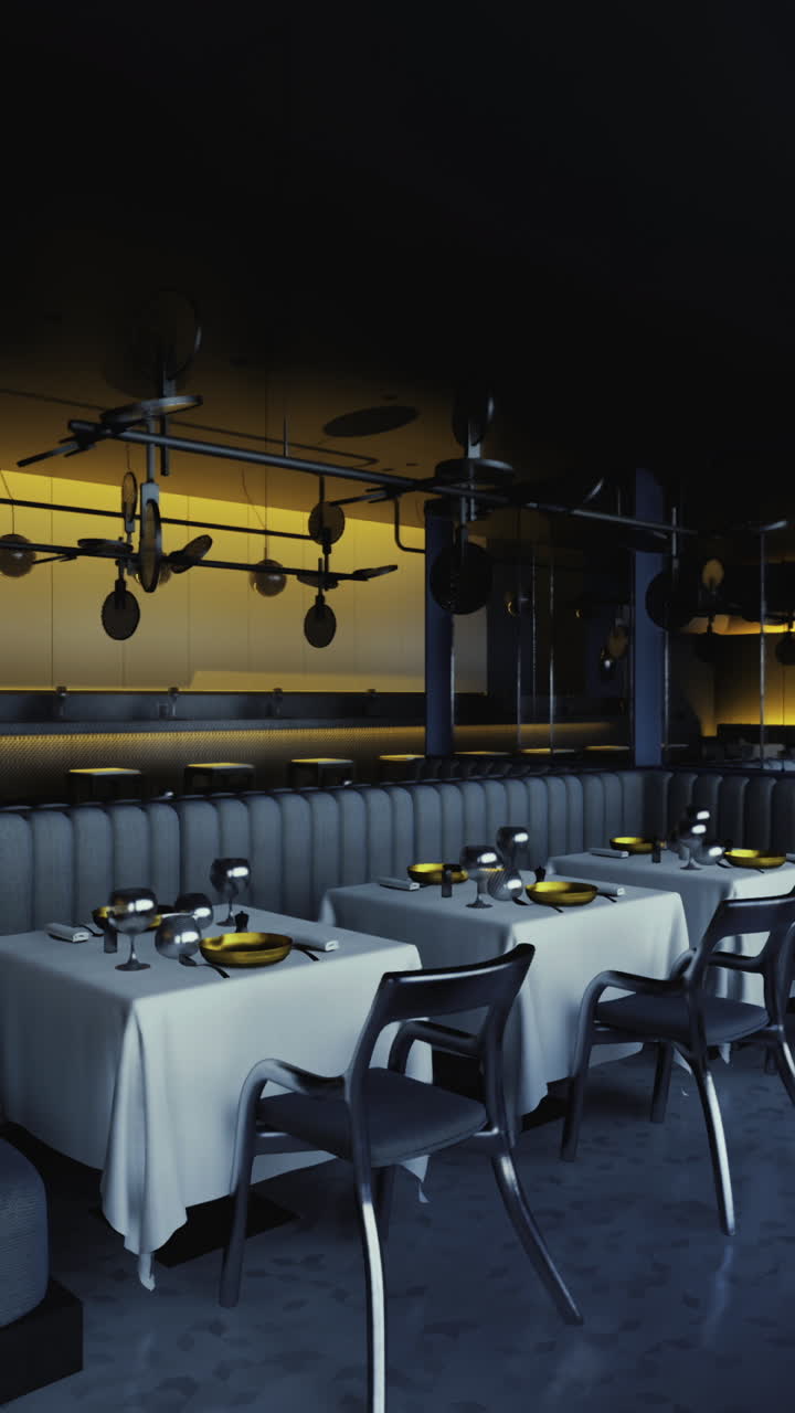 Sleek modern restaurant interior with elegant dining setup at night