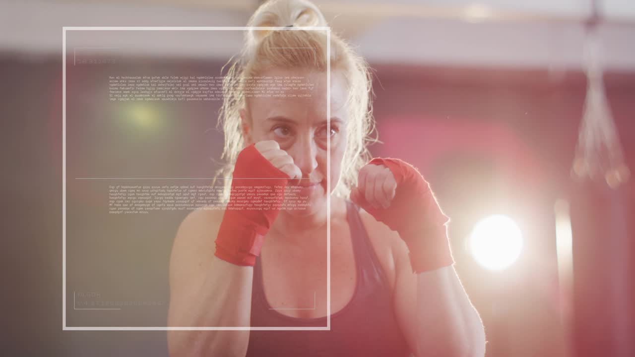 Female boxer doing red-wrapped jab-cross drill in gym, HUD signaling and tracking building power