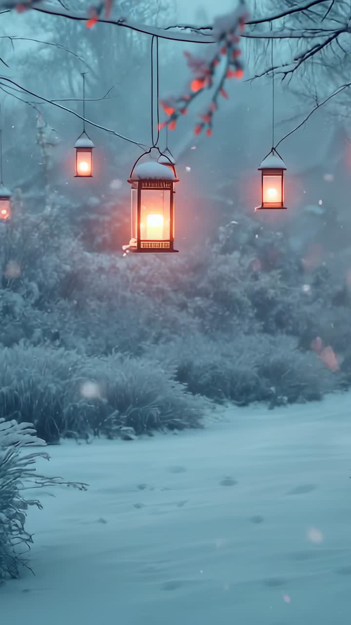 Vertical video: Pulling back camera showing metal lanterns on snowy branch in forest, snow drifting