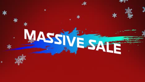 Animation-of-glitch-effect-over-massive-sale-text-banner-against-snowflakes-icons-on-red-background