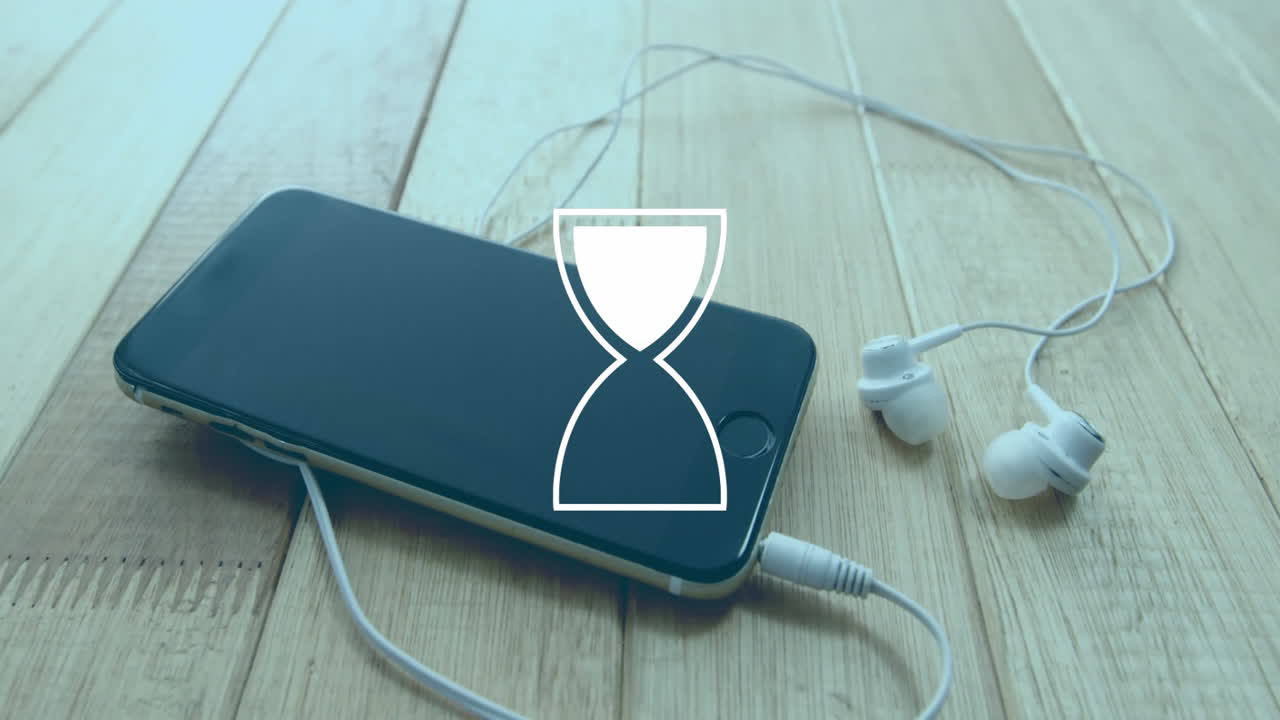 Animation of hourglass icon over smartphone with earphones