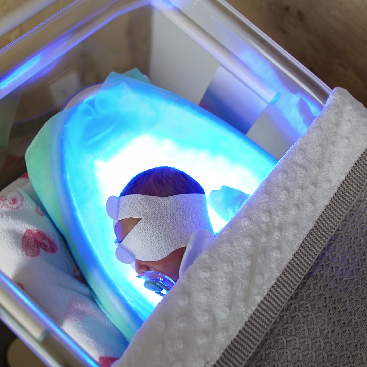 Newborn infant with a bandage on head lies of UV lamp. Few days old child is treated from neonatal jaundice. Top view