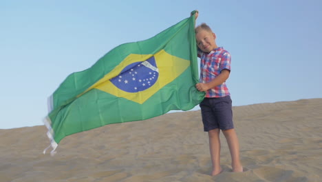 child with flag of brazil on the beach