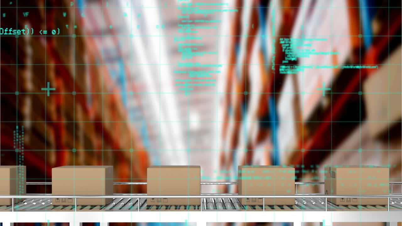 animación del procesamiento de datos sobre cajas de cartón en cinta transportadora en el almacén