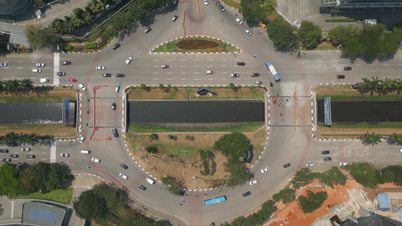 Huge Roundabout Intersection With Traffic PIK Jakarta Indonesia Static Overhead Shot 4K 60FPS