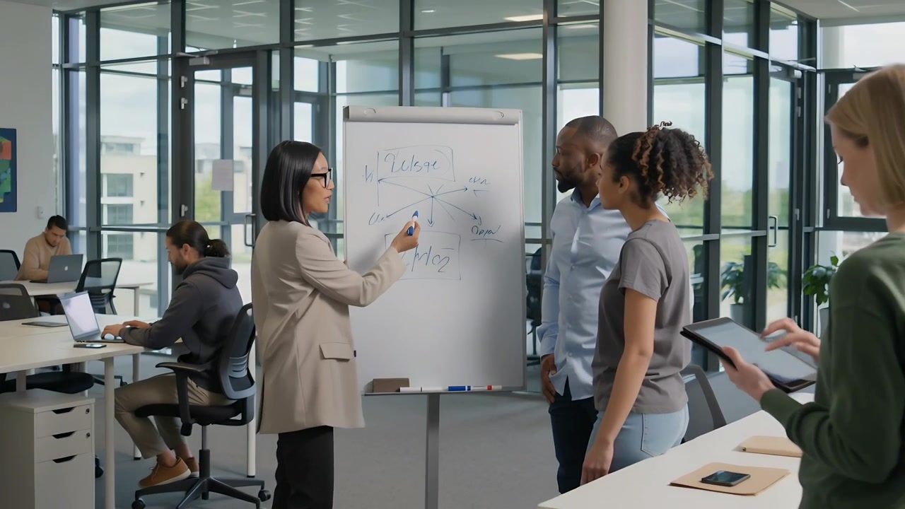 After update, presenting Asian woman in blazer annotating flipchart to explain plan at open office
