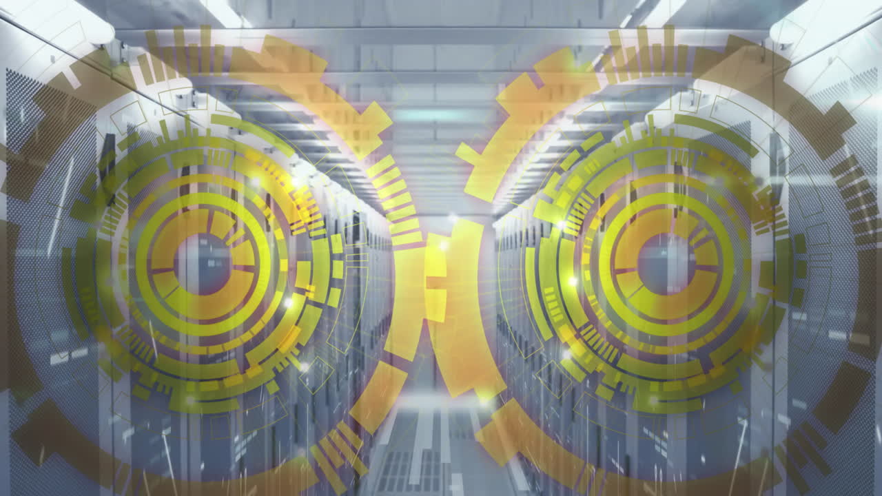 서버 객실의 데이터 서버 랙에 있는 막대 위의 로딩 서클의 애니메이션